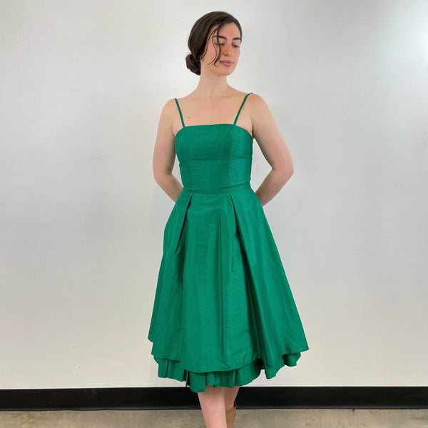 Front view of Emerald Green Silk Cocktail Dress Size Small / Medium sold by at bohemevintage.com Montreal