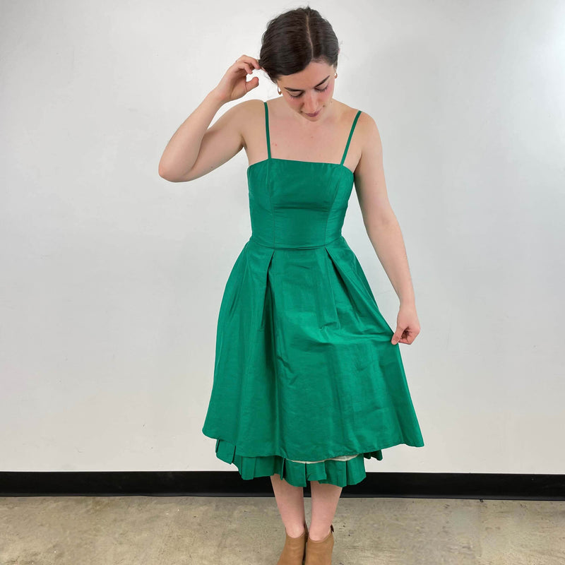 Front view of Emerald Green Silk Cocktail Dress Size Small / Medium sold by at bohemevintage.com Montreal