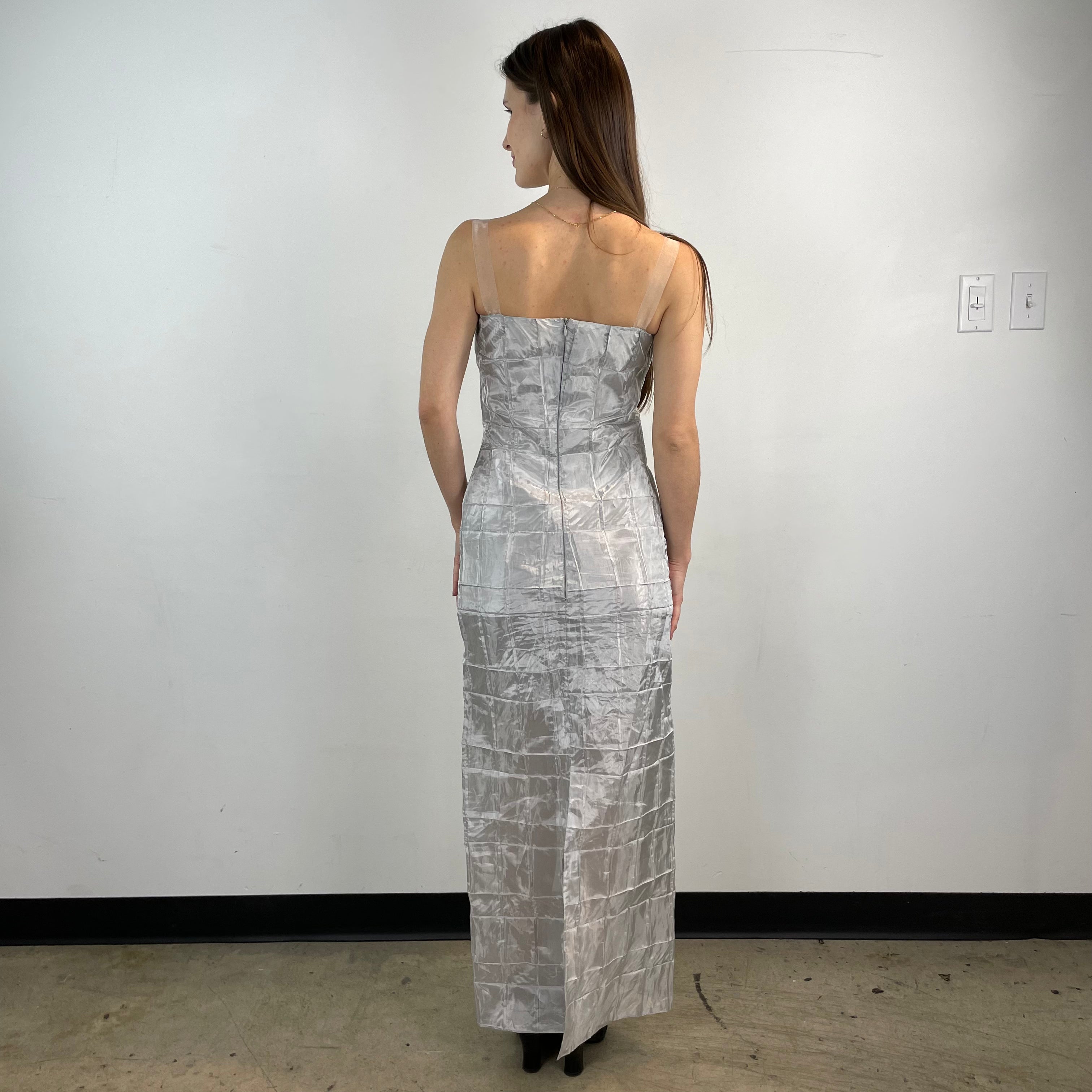 Back view of 1990s- 2000s Silver Sleeveless Maxi Sheath Dress Small sold on bohemevintage.com Montreal