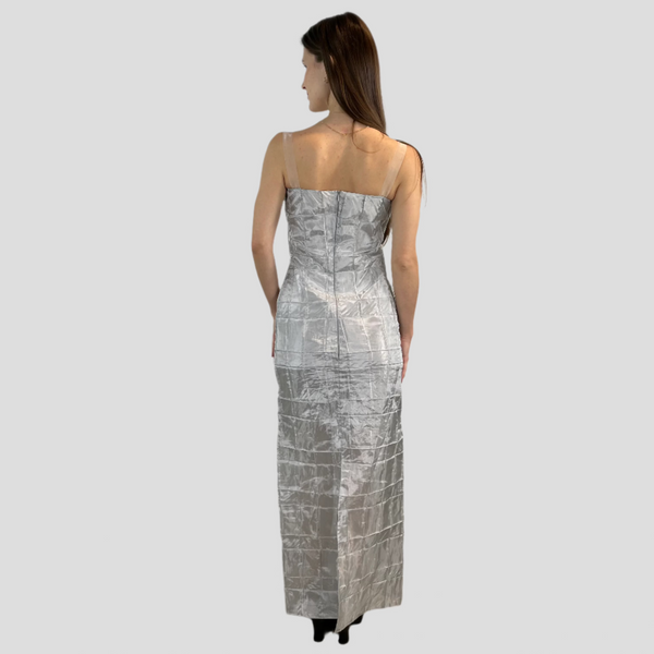 Back view of 1990s- 2000s Silver Sleeveless Maxi Sheath Dress Small sold on bohemevintage.com Montreal