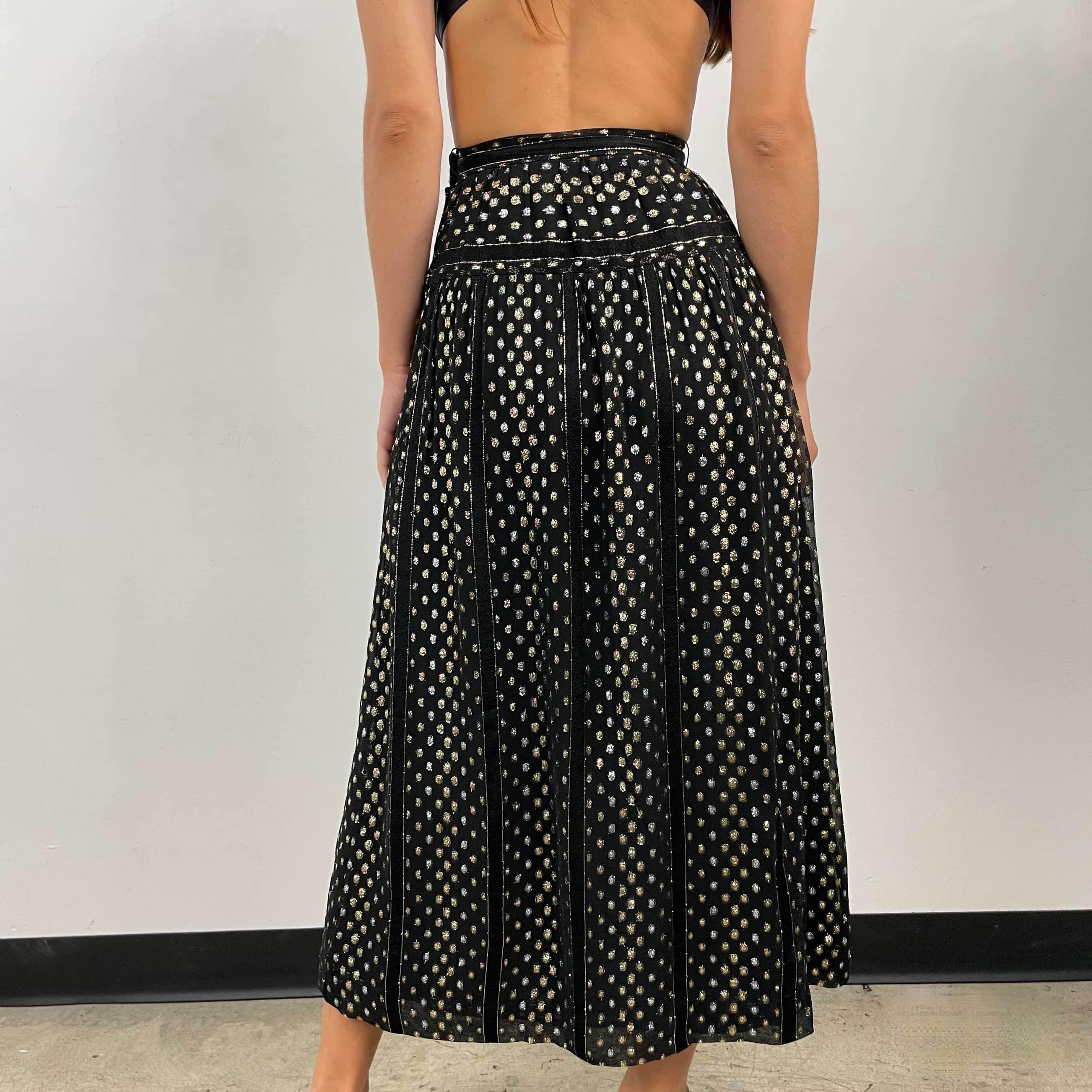 Back view of Gold and Silver Yoke Brocade Silk Midi Skirt Size X-Small sold at bohemevintage.com Montreal