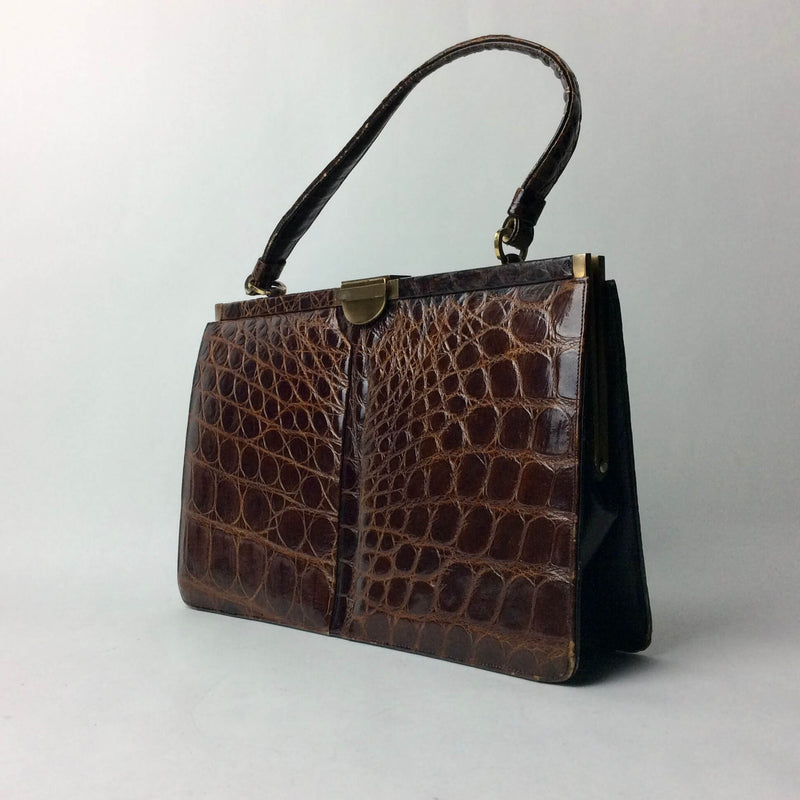 Vintage 1950s Brown Alligator Leather Frame Bag