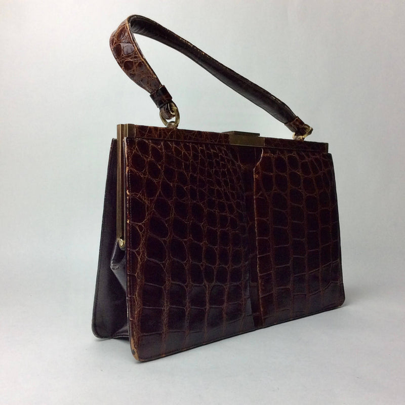 Vintage 1950s Brown Alligator Leather Frame Bag