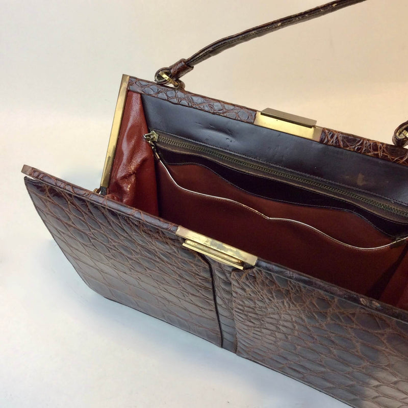 Vintage 1950s Brown Alligator Leather Frame Bag