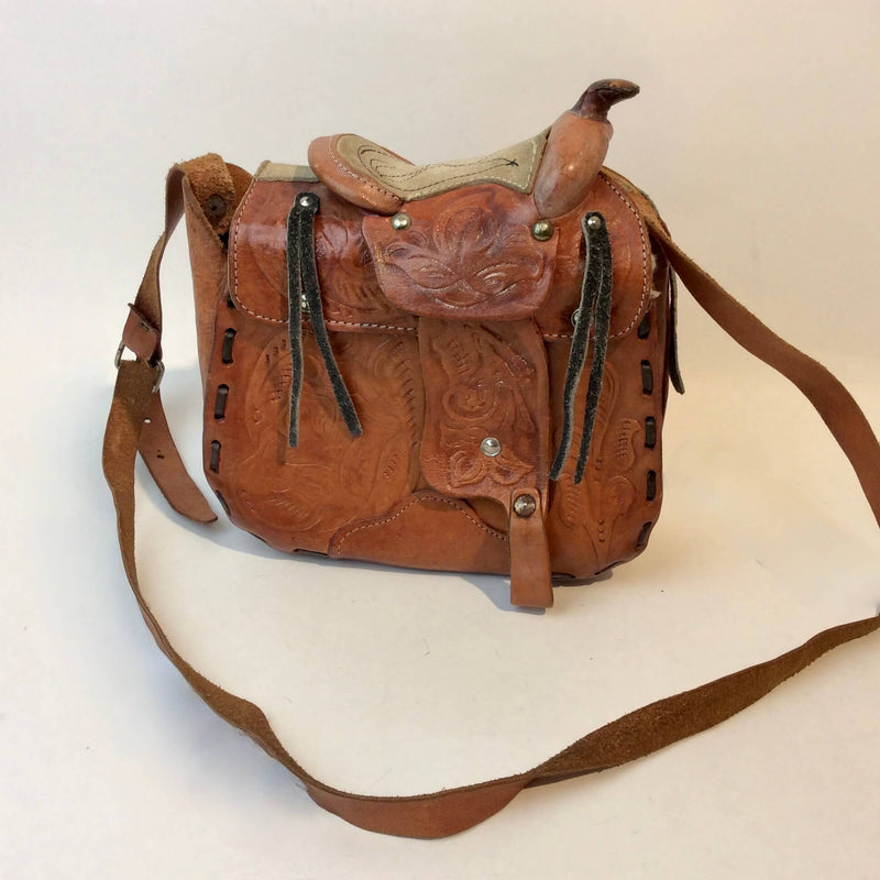 Back view of 1970's Saddle Tooled Leather Shoulder Bag sold at bohemevintage.com