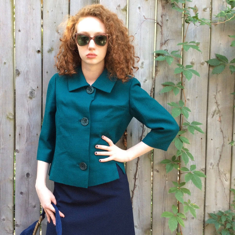 1960s 3/4 Sleeve Teal Wool Blazer size small sold by bohemevintage.com Montréal