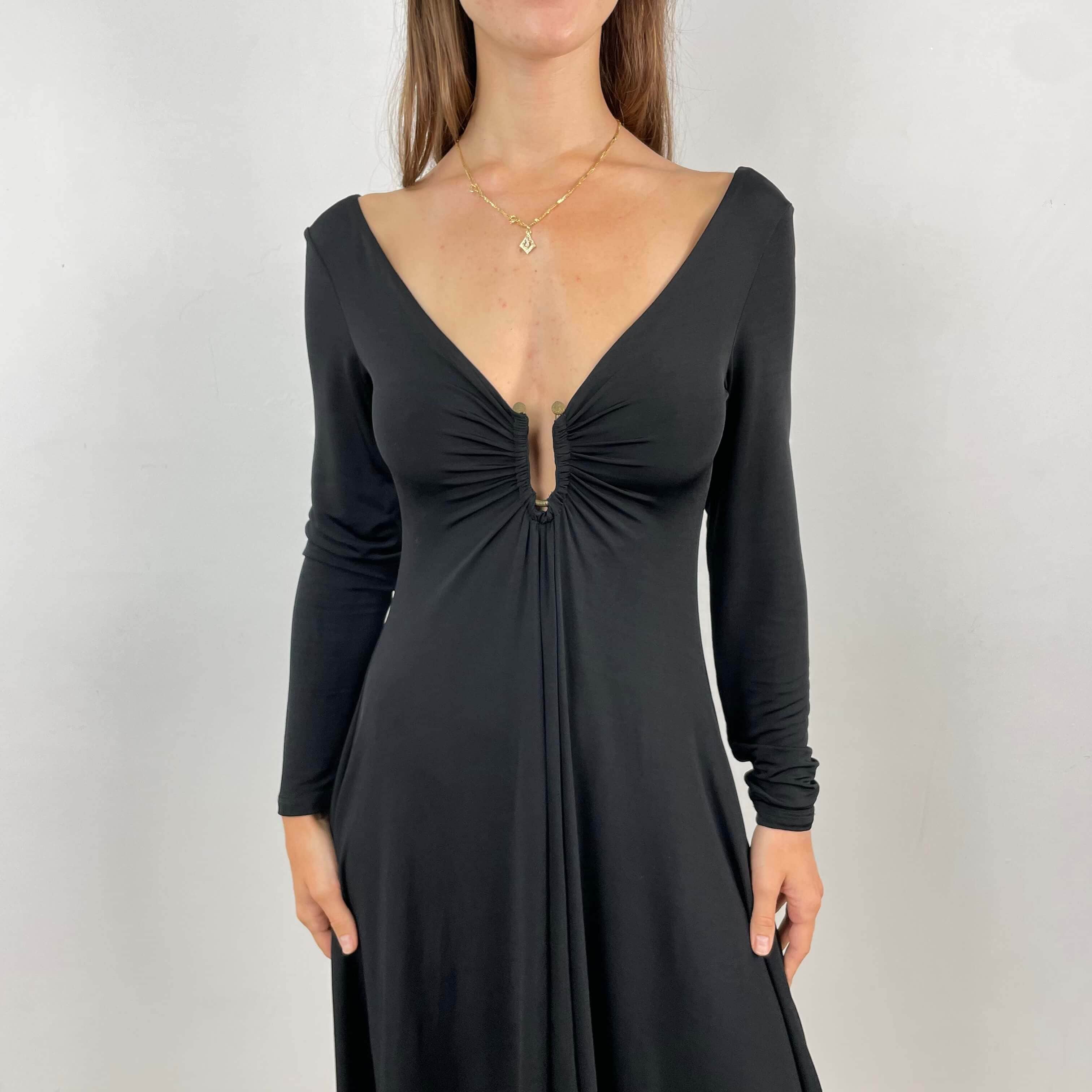 Close-up view of decolleté of  Just Cavalli Long Sleeve Flared  Black Dress  Siize Small/Medium sold on bohemevintage.com Montreal