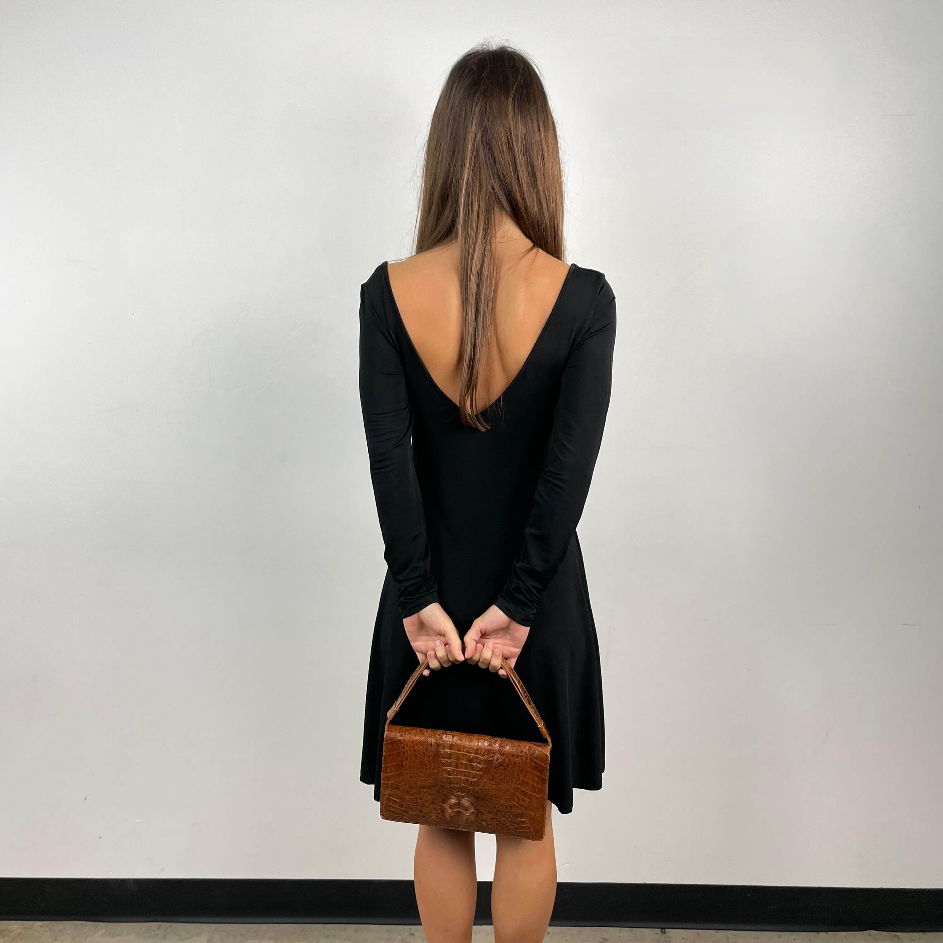 Back view of Just Cavalli Long Sleeve Flared Black Dress Siize Small/Medium sold on bohemevintage.com Montreal