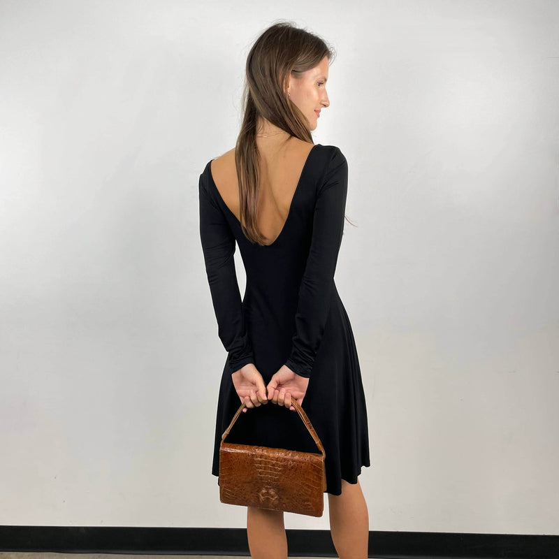 Back view of Just Cavalli Long Sleeve Flared Black Dress Siize Small/Medium sold on bohemevintage.com Montreal