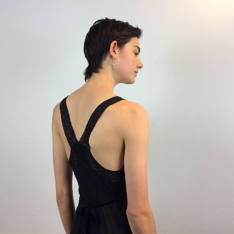 Upper Back View of Flowy Long Black Silk Nightgown Size Small sold at bohemevintage.com Montreal