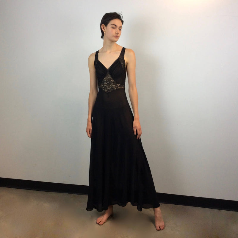 Front View of Flowy Long Black Silk Nightgown Size Small sold at bohemevintage.com Montreal