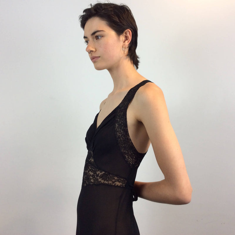 Upper Side view of Flowy Long Black Silk Nightgown Size Small sold at bohemevintage com Montreal