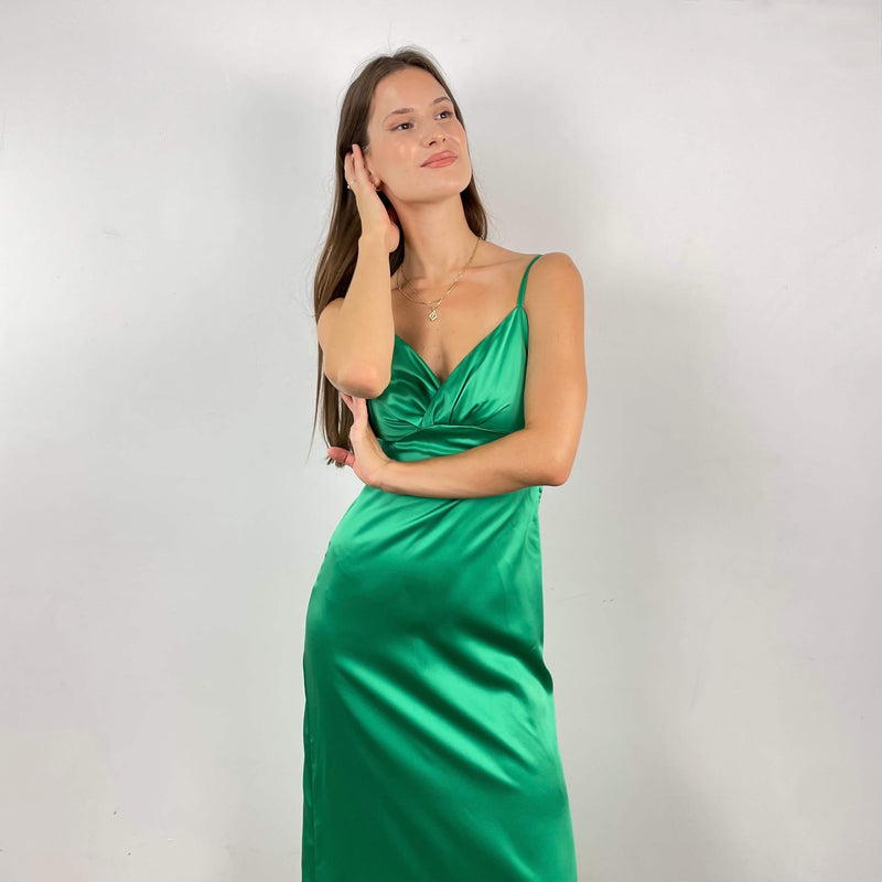 Front View of Open Back Green Satin Gown Size Small sold at bohemevintage.com Montreal