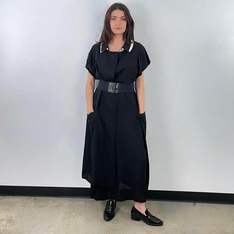 Front view of Yohji Yamamoto Black Maxi Dress worn with belt One Size fits most sold at bohemevintage.com Montreal