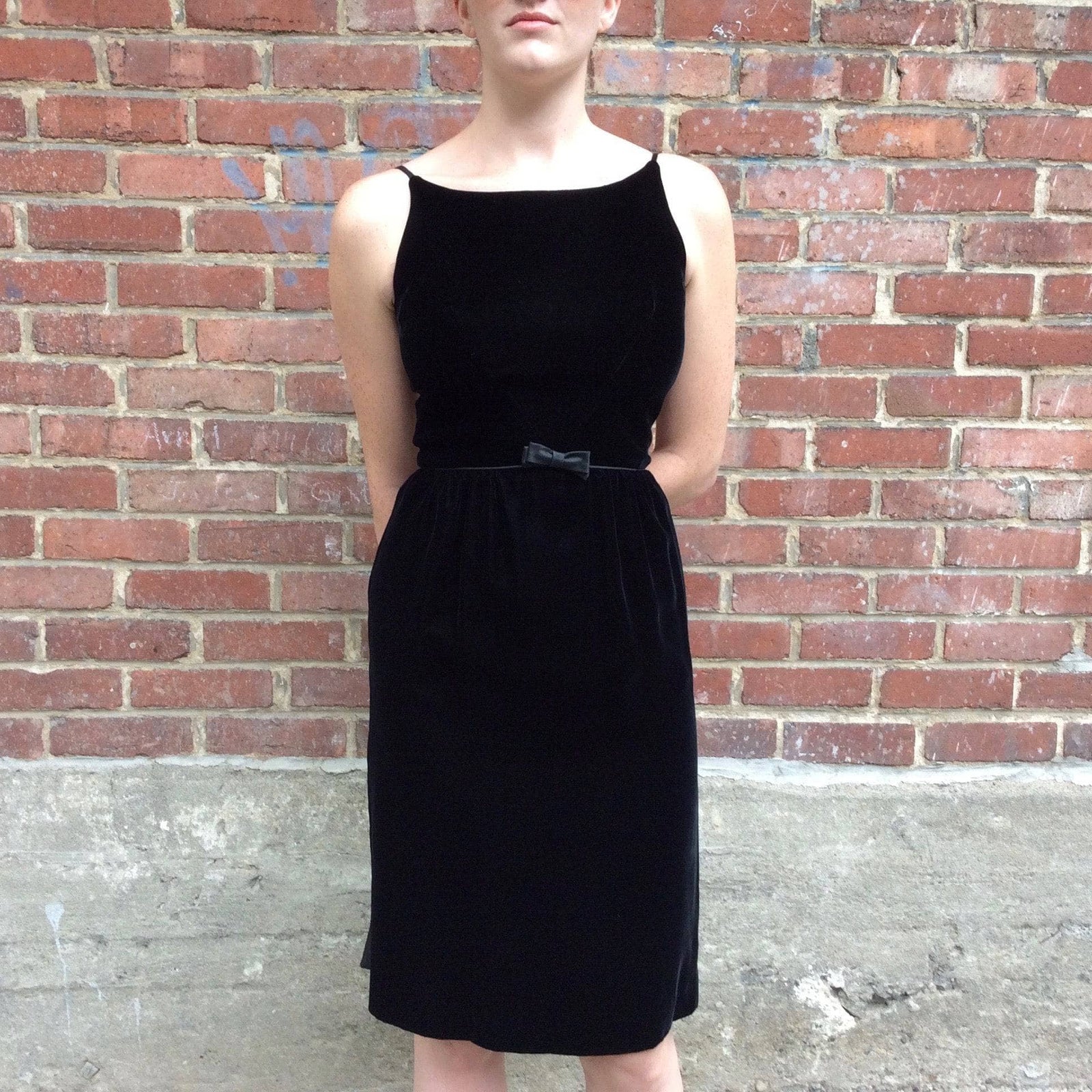 1950s 1960s Black Velvet Sleeveless Cocktail Dress S Boheme Vintage