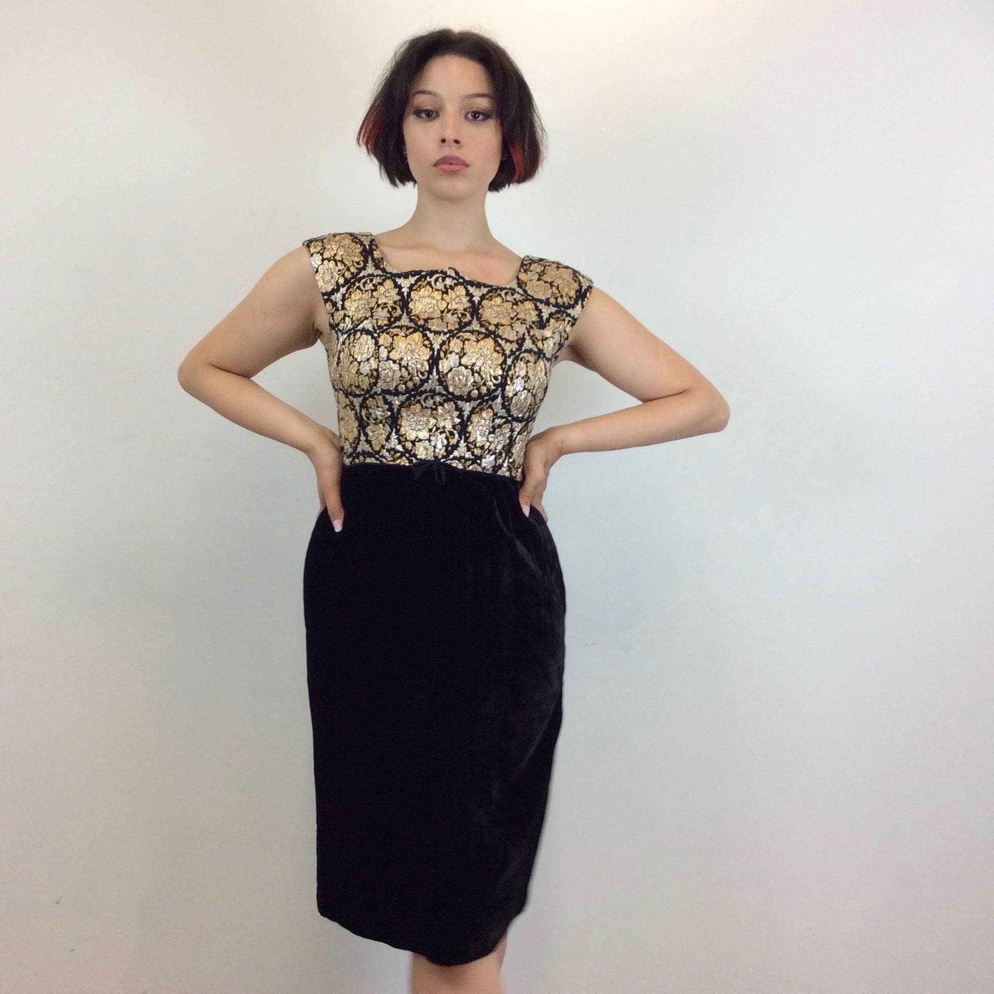 1950s-1960s Metallic Brocade and Black Velvet Dress size Medium sold by bohemevintage.com