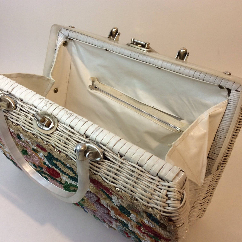 Open view of 1950s-60s Floral Needlepoint Wicker Basket Purse sold by bohemevintage.com Montreal