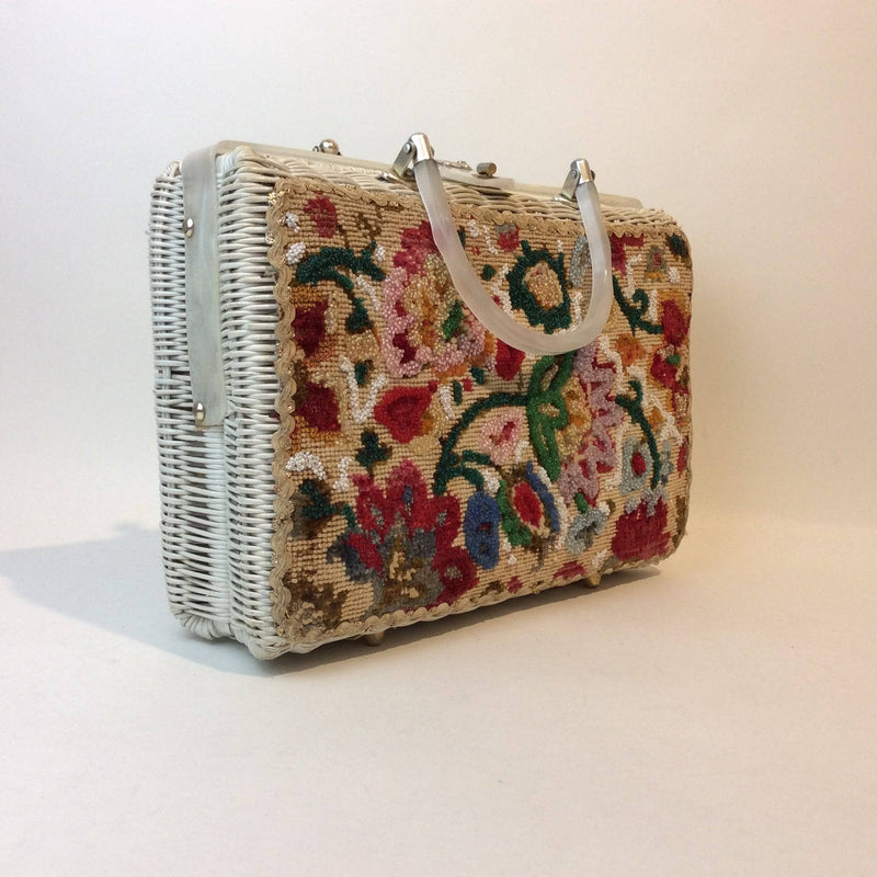 1950s-60s Floral Needlepoint Wicker Basket Purse sold by bohemevintage.com Montreal