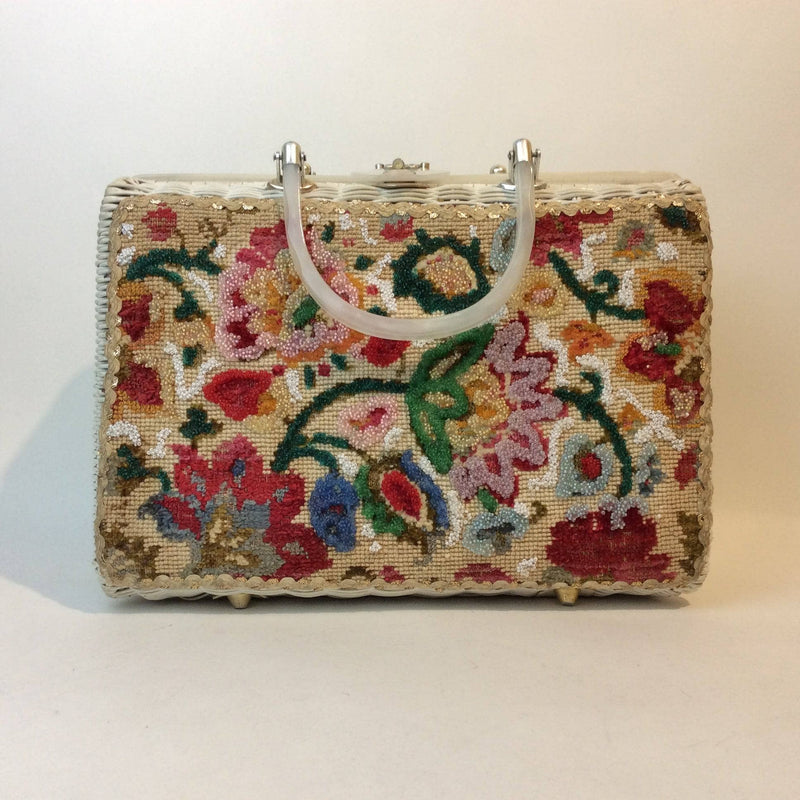 1950s-60s Floral Needlepoint Wicker Basket Purse sold by bohemevintage.com Montreal 