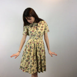 1950s-60s Convertible two-piece Yellow Floral Print Cotton Dress and Bolero Jacket Set Size Small Sold by bohemevintage.com Montreal