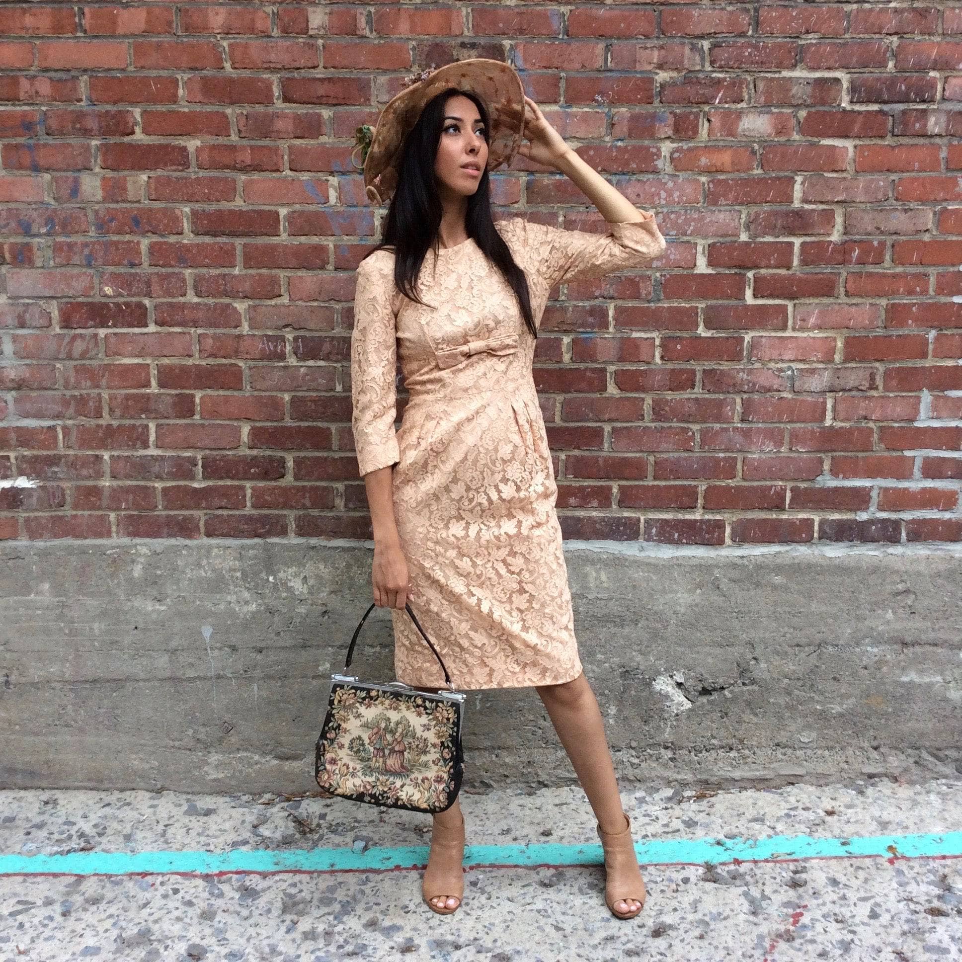 1950s/60s Nude ¾ Sleeve Lace Cocktail Dress Size Small sold by bohemevintage.com Montréal