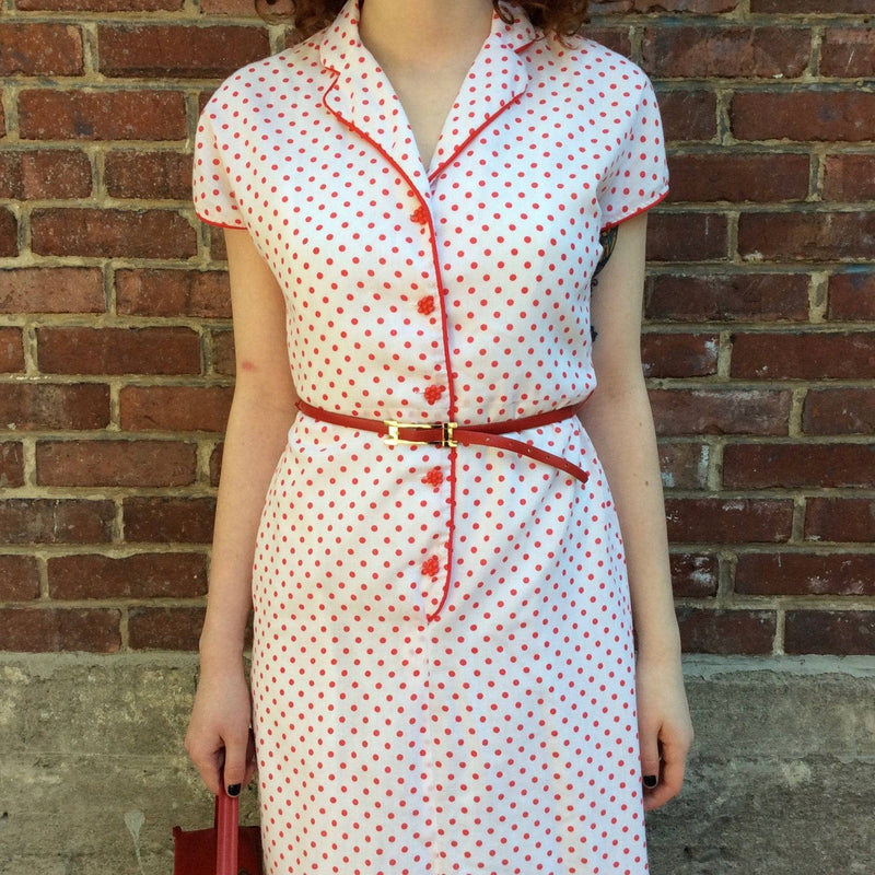 Front View of 1950s-60s Polka-dot Dress Sold at bohemevintage.com Montreal