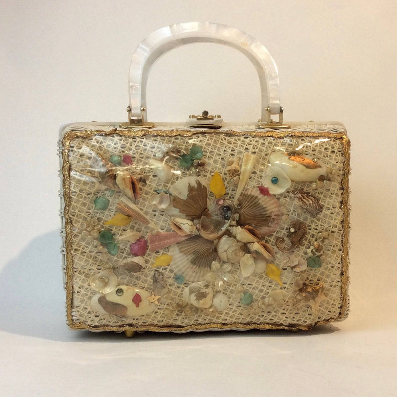 boheme vintage 1950s 60s seashell white wicker basket purse