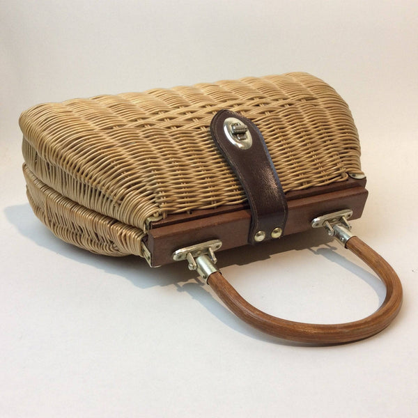 1950s-60s Wicker Handbag with Wood Frame and Handle