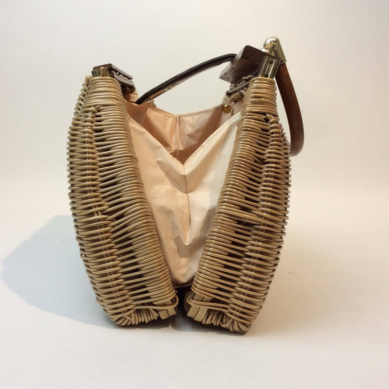 Open view of 1950s-60s Wicker Handbag with Wood Frame and Handle