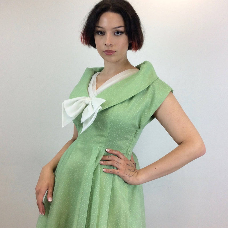 1950s Apple Green Flock Dot Chiffon , Short Sleeve, Full Skirt Dress, Size Medium, Short sleeves, Big Collar,