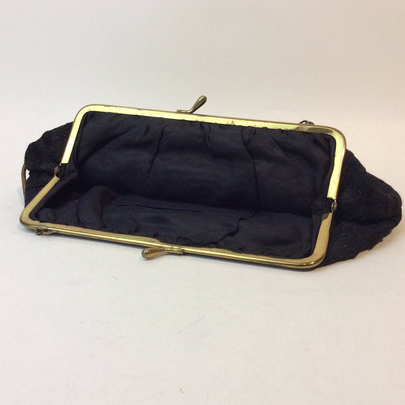 Open  view of 1950s Black Lurex Art Deco Inspired Evening Bag sold by bohemevintage.com Montreal 