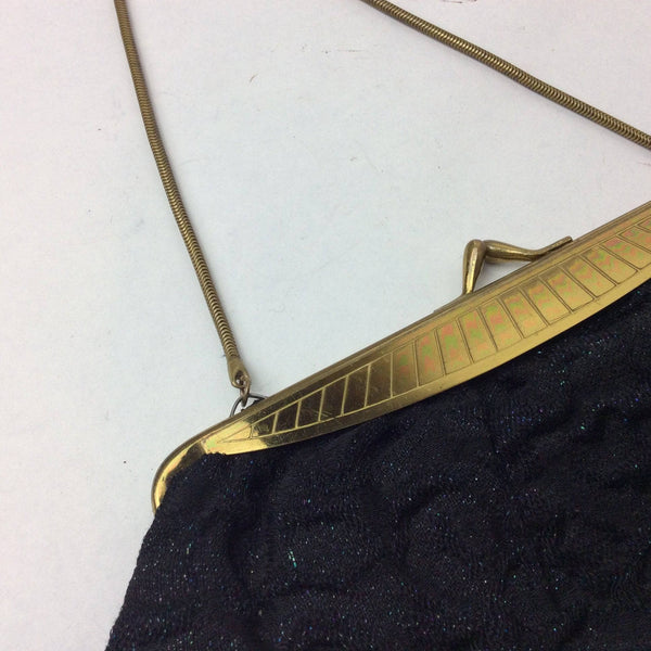 Close-up view of Clasp of 1950s Black Lurex Art Deco Inspired Evening Bag sold by bohemevintage.com Montreal 