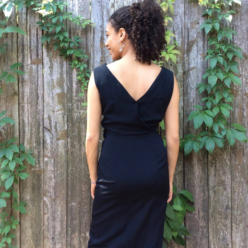 Back view of 1950s Black Maxi Sleeveless Wrapped  Long Dress, size Small sold  by bohemevintage.com Montreal 