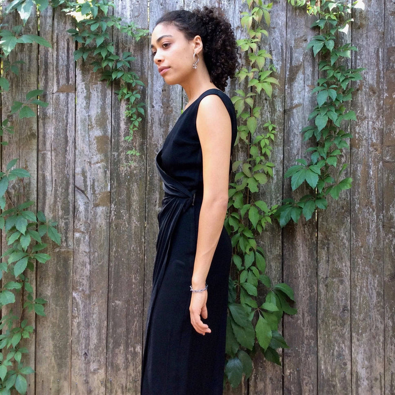 Side  view of 1950s Black Maxi Sleeveless Wrapped  Long Dress, size Small sold  by bohemevintage.com Montreal 