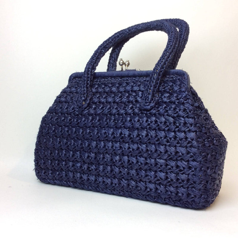 1950s Midnight Blue Raffia Crocheted Frame Bag sold by bohemevintage.com Montreal