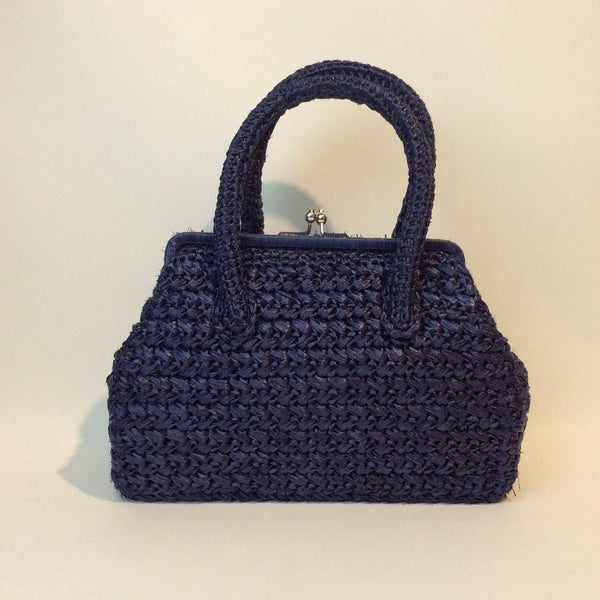 1950s Midnight Blue Raffia Crocheted Frame Bag sold by bohemevintage.com Montreal 