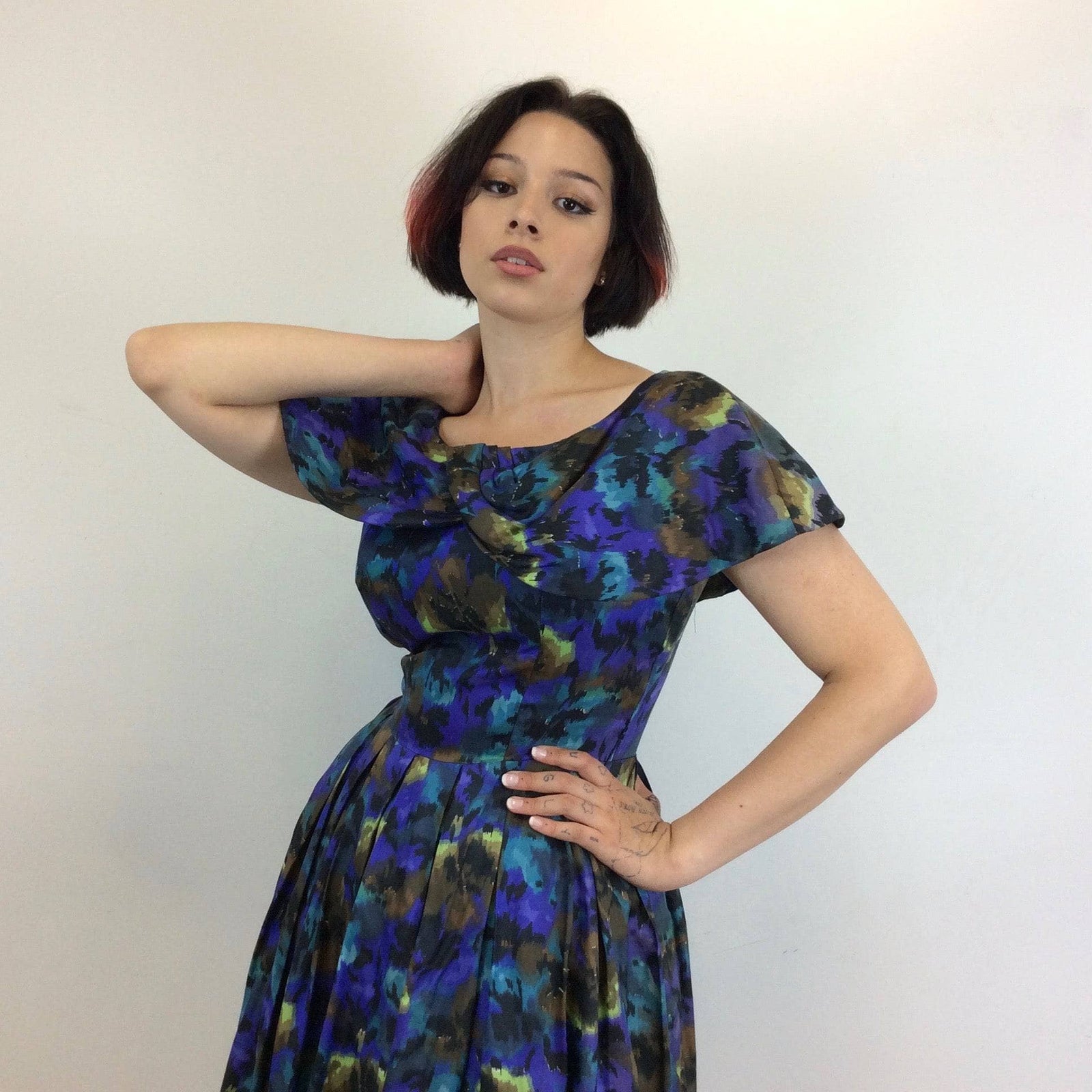 1950s Purple Abstract Print Full Skirt Silk Dress M Boheme Vintage Boheme Vintage