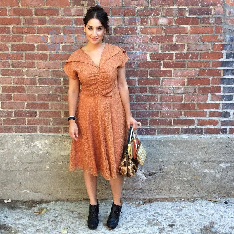 1950s Short Sleeve Copper Lace Dress size Medium sold by bohemevintage.com Montreal 