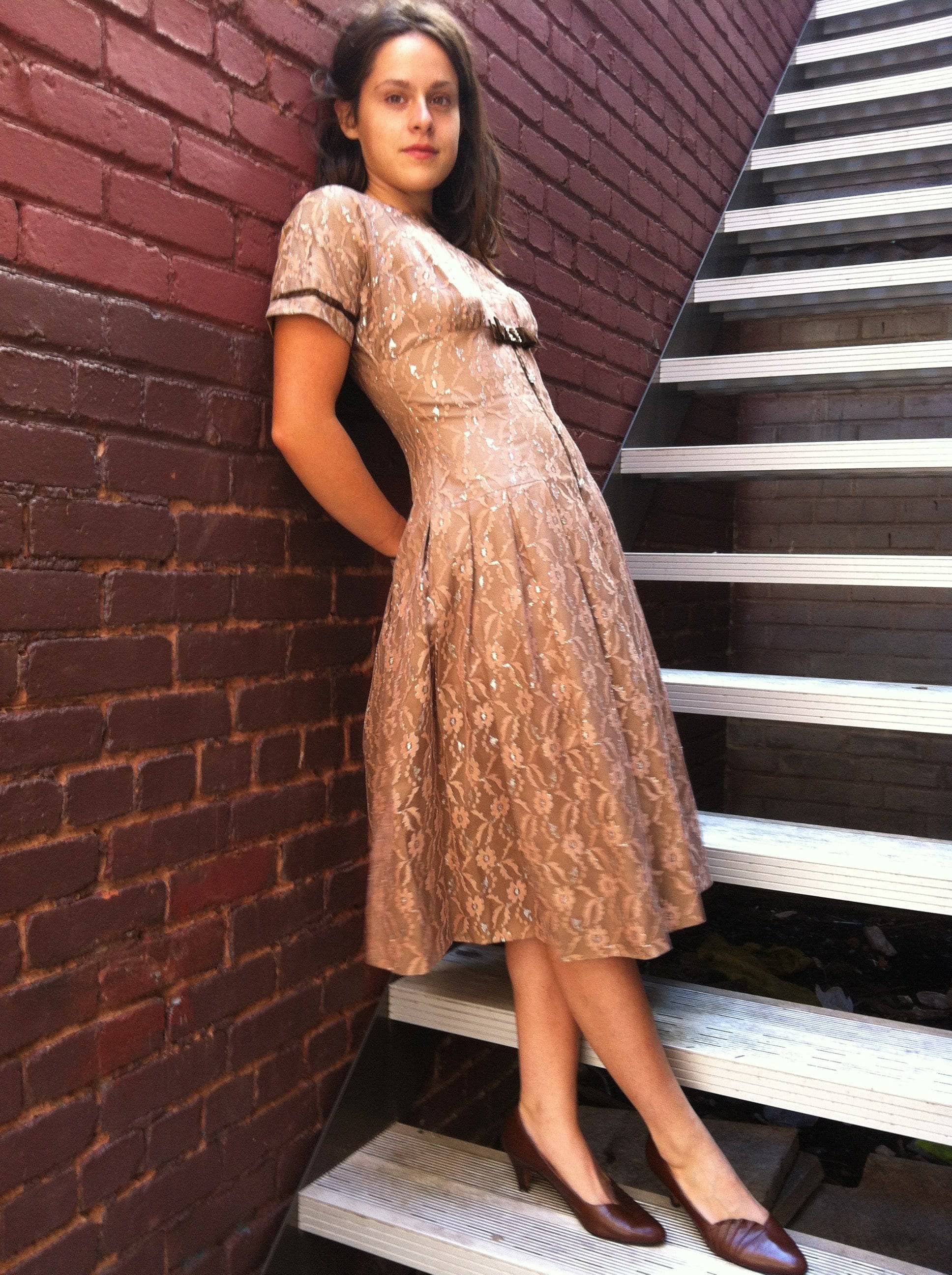 1950s Short Sleeve Latte Colour Lace Midi Dress Size Small sold by bohemevintage.com Montreal 