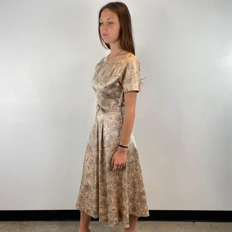 1950s Short-Sleeve Satin Flared Midi Dress Size X-Small / Small sold at bohemevintage.com Montreal