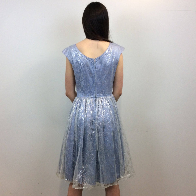 Back view of 1950s Silver Lace Party Dress, Fit and Flare Dress, size Small-Medium, Colour Blue sold at bohemevintage.com Montreal