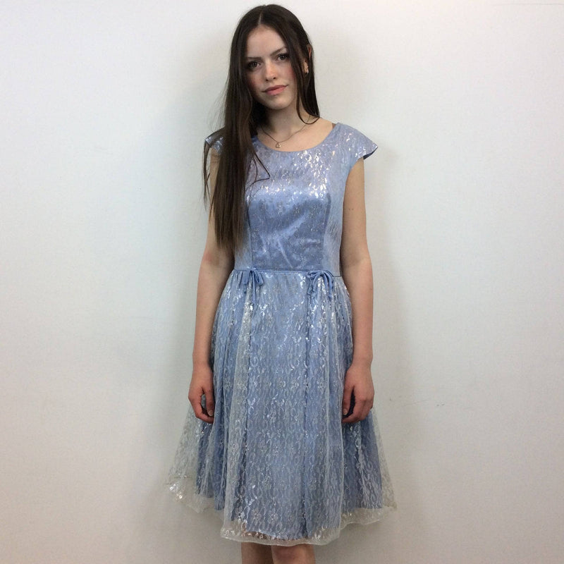 1950s Silver Lace Party Dress, Fit and Flare Dress, size Small-Medium, Colour Blue sold at bohemevintage.com Montreal