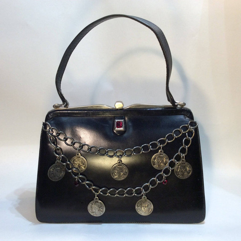 1950s "Capri" Up-cycled Black Leather Frame Handbag sold by bohemevintage.com Montreal 