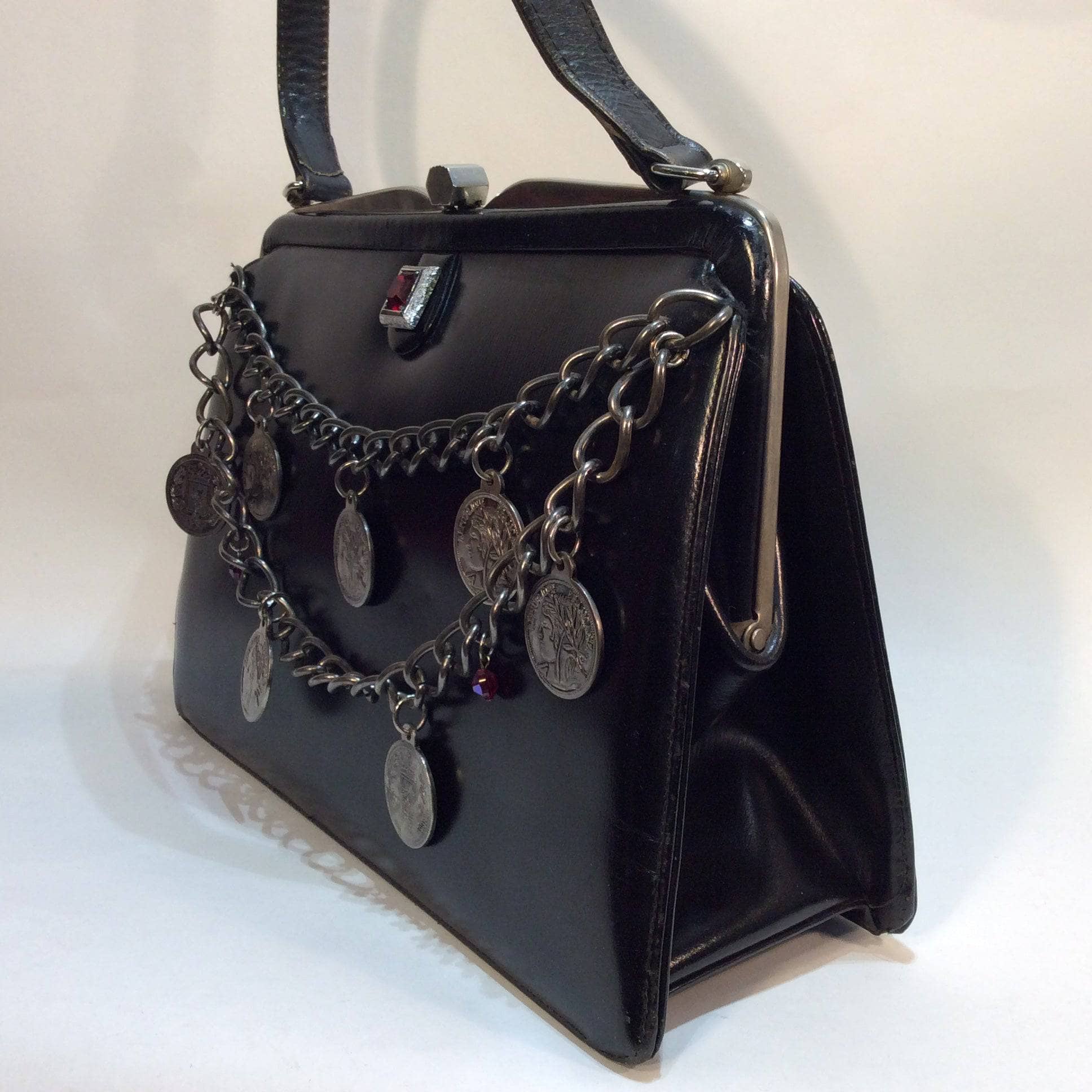1950s "Capri" Up-cycled Black Leather Frame Handbag sold by bohemevintage.com Montreal 
