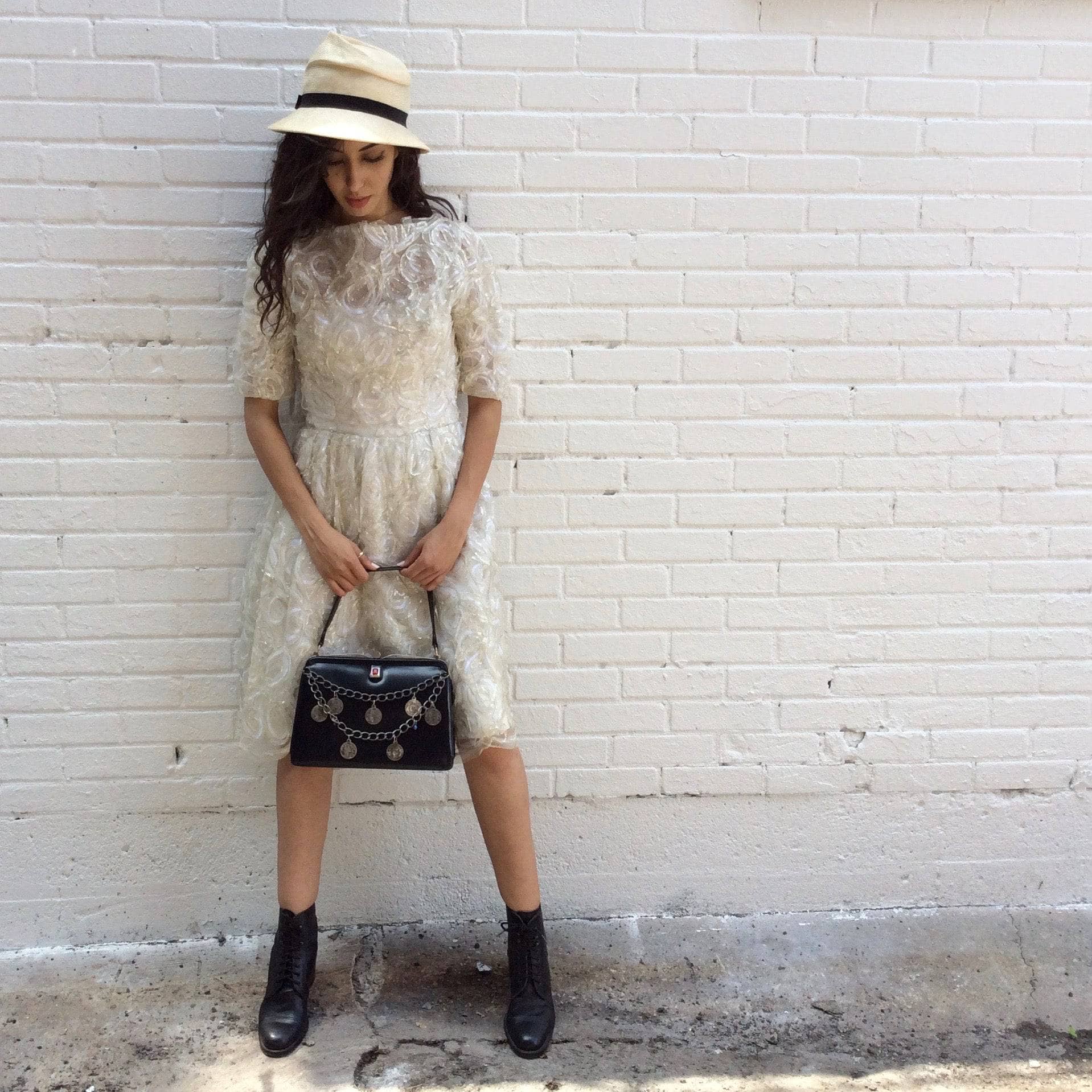 1950s "Capri" Up-cycled Black Leather Frame Handbag sold by bohemevintage.com Montreal 