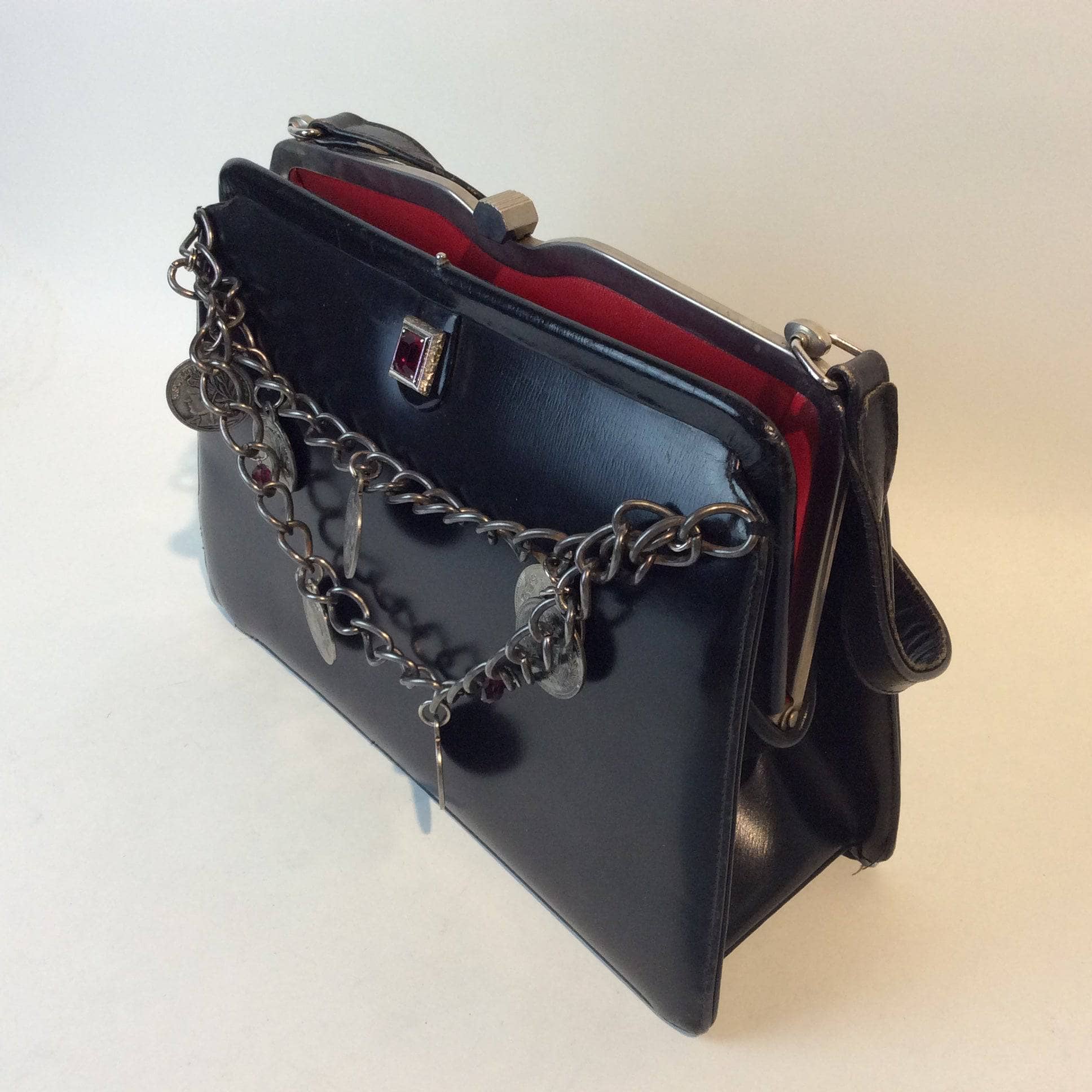 1950s "Capri" Up-cycled Black Leather Frame Handbag sold by bohemevintage.com Montreal 