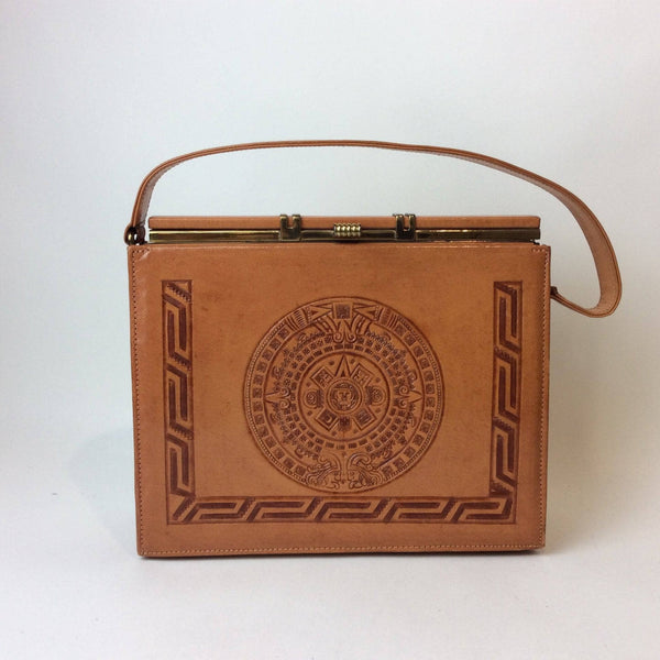 Products 1950s Vintage Floral and Aztec Calendar Tooled Tan Leather Purse