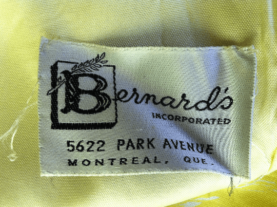 Bernard’s label of 1950s Vintage Yellow Silk Floral Print Cocktail Dress Size Small sold by bohemevintage.com Montréal