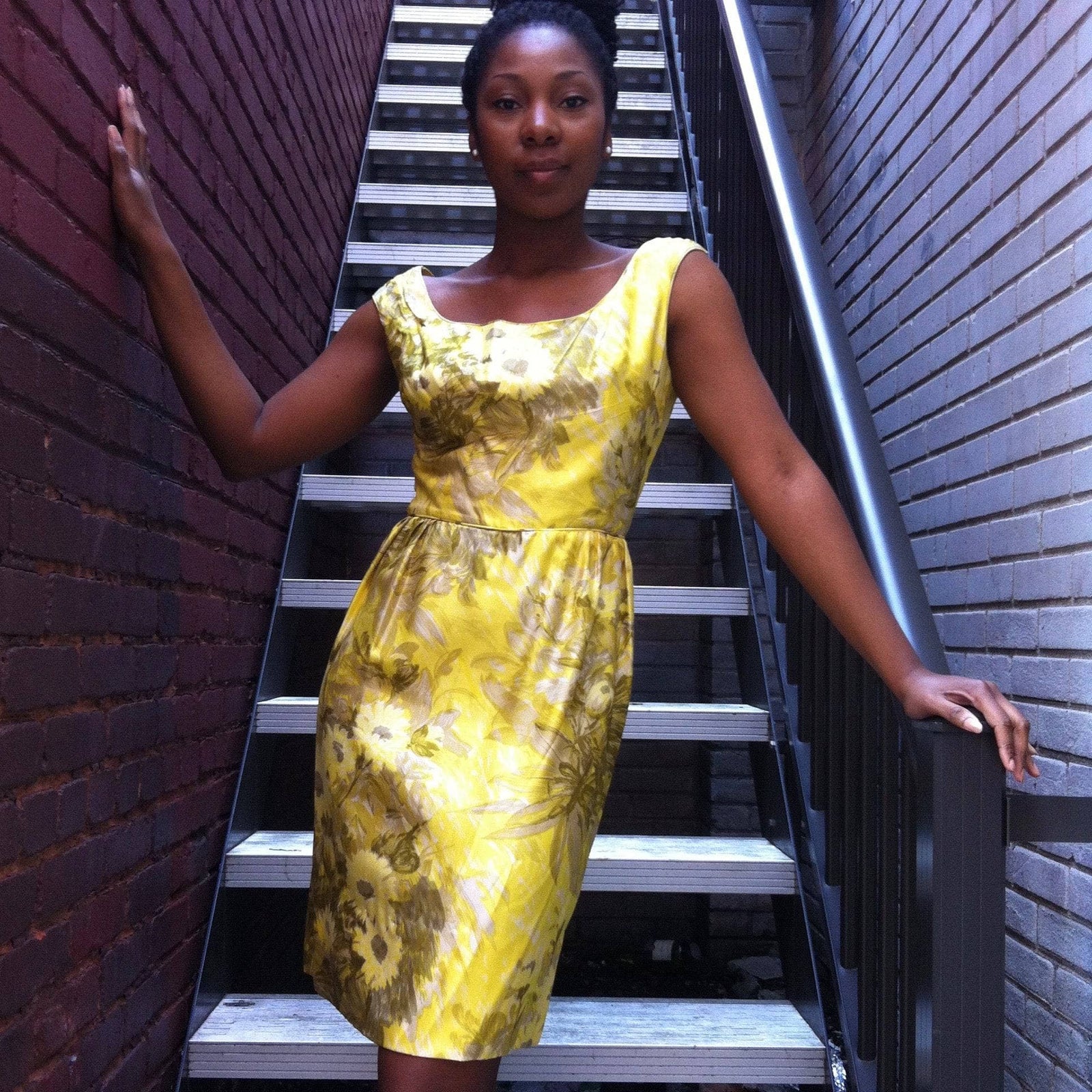 1950s Vintage Yellow Silk Floral Print Cocktail Dress S Boheme Vintage Boheme Vintage
