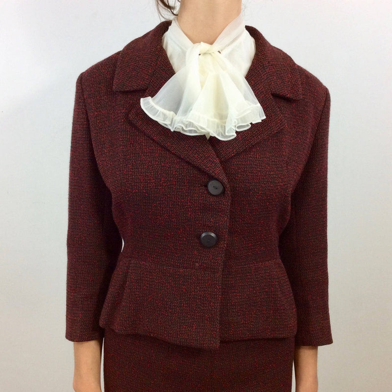 Close up view of 1950s Wool Blazer and Skirt Set Size Small-Medium sold by bohemevintage.com Montreal 